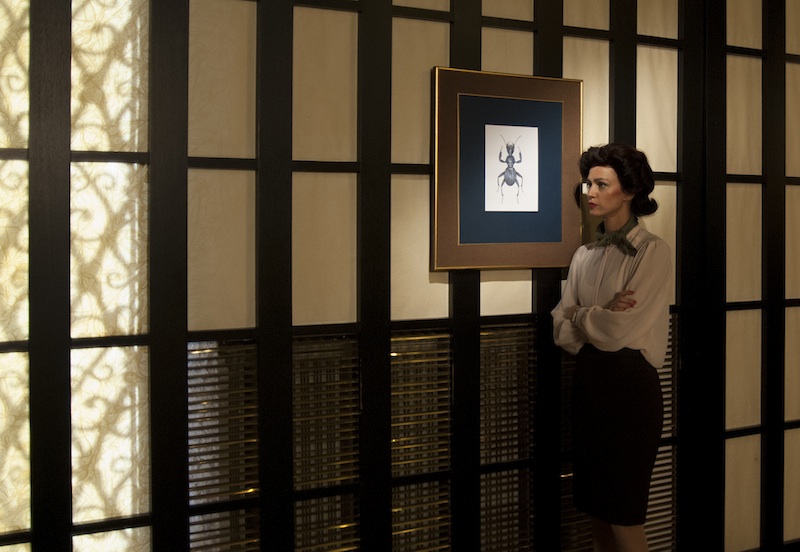 Production still from "Framing the Space." Actress Katarina Stegnar poses next to a framed illustration of the "Hitler Beetle." Often so-called video art is poorly made. This was clearly not the case in this installation. The high production value is evident in every frame. Photo by Pete Moss courtesy of the artist and Galerija Škuc, © Jasmina Cibic, All Rights Reserved.